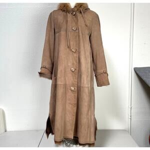 Vintage Assima Women's Authentic Brown Suede Fur Lined Hooded Long Coat Jacket